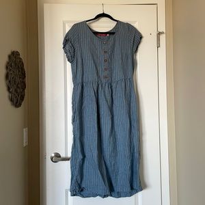 Pyne & Smith sustainably made Model 11 Georgian blue linen striped dress